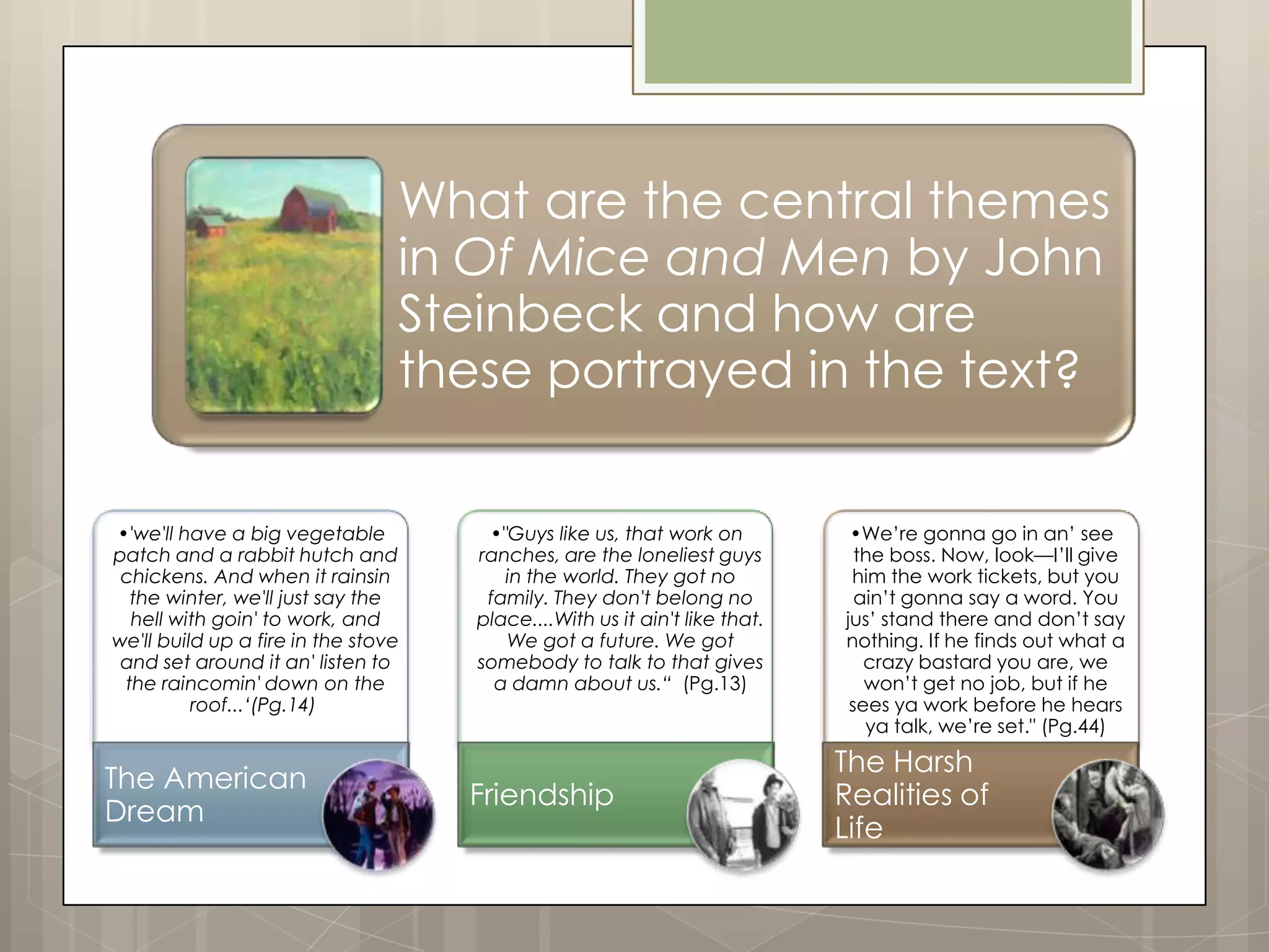 What are the central themes
                                 in Of Mice and Men by John
                                 Steinbeck and how are
                                 these portrayed in the text?

•'we'll have a big vegetable          •"Guys like us, that work on           •We’re gonna go in an’ see
patch and a rabbit hutch and         ranches, are the loneliest guys          the boss. Now, look—I’ll give
 chickens. And when it rainsin          in the world. They got no            him the work tickets, but you
  the winter, we'll just say the      family. They don't belong no            ain’t gonna say a word. You
  hell with goin' to work, and       place....With us it ain't like that.   jus’ stand there and don’t say
we'll build up a fire in the stove      We got a future. We got             nothing. If he finds out what a
 and set around it an' listen to     somebody to talk to that gives            crazy bastard you are, we
 the raincomin' down on the            a damn about us.“ (Pg.13)               won’t get no job, but if he
          roof...‘(Pg.14)                                                    sees ya work before he hears
                                                                               ya talk, we’re set." (Pg.44)

                                                                            The Harsh
The American
                                     Friendship                             Realities of
Dream
                                                                            Life
 
