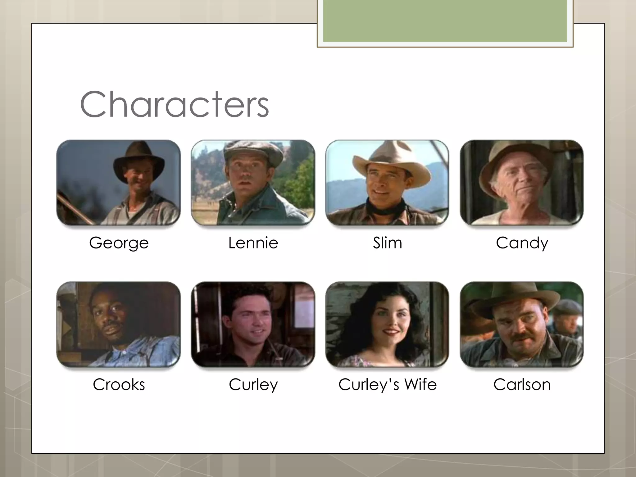 Characters


George   Lennie       Slim        Candy




Crooks   Curley   Curley’s Wife   Carlson
 
