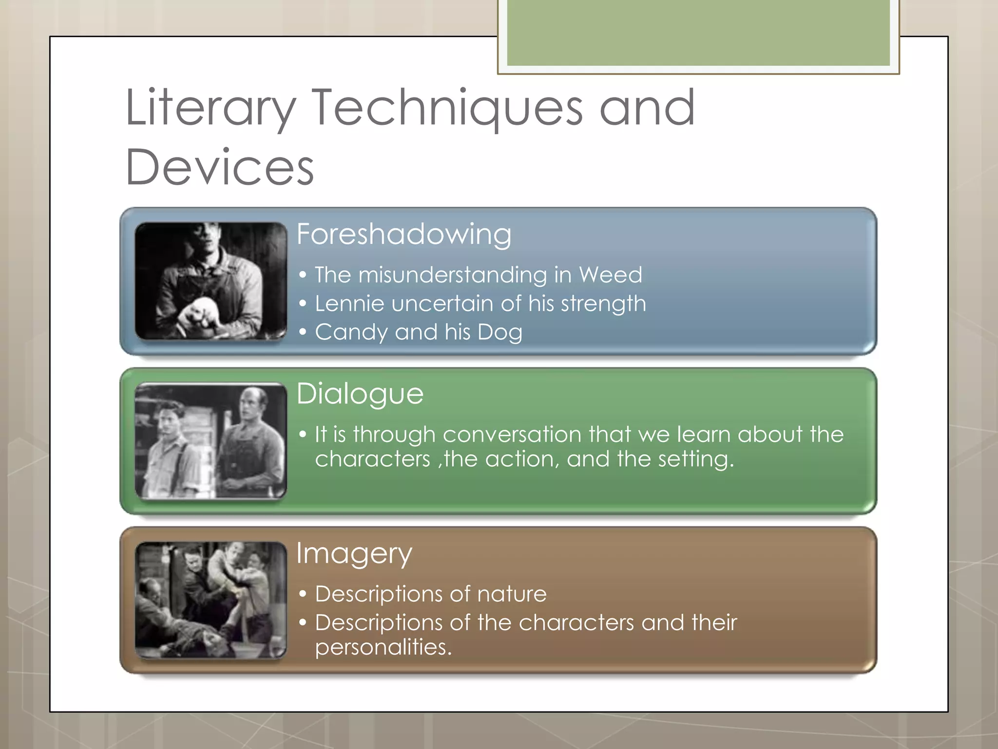 Literary Techniques and
Devices
      Foreshadowing
      • The misunderstanding in Weed
      • Lennie uncertain of his strength
      • Candy and his Dog

      Dialogue
      • It is through conversation that we learn about the
        characters ,the action, and the setting.



      Imagery
      • Descriptions of nature
      • Descriptions of the characters and their
        personalities.
 