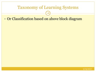 Taxonomy of Learning Systems
9/19/2017
18
 Or Classification based on above block diagram
 