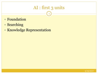 AI : first 3 units
9/19/2017
2
 Foundation
 Searching
 Knowledge Representation
 