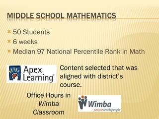 50 Students 6 weeks Median 97 National Percentile Rank in Math Content selected that was aligned with district’s course. Office Hours in  Wimba Classroom 
