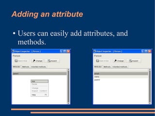 Adding an attribute
● Users can easily add attributes, and
methods.
 