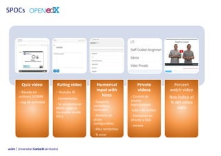 SPOCs
Quiz video
- Basado en
archivos SCORM
- Log de actividad
Rating video
- Youtube ID
- Comentarios
- Se almacena en
BBDD externa
(accesible desde
GEL)
Numerical
input with
hints
- Supports
variables y
formulas.
- Número de
pistas
configurables.
- Max reintentos
- % error
permitido
Private
videos
- Control de
acceso
login/passwd
-token de validez
- Emisiones en
directo y VoD
- wowza
Percent
watch video
Nos indica el
% del vídeo
visto
 