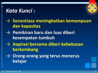 Kata Kunci :
→ Senantiasa meningkatkan kemampuan
  dan kapasitas
→ Pemikiran baru dan luas diberi
  kesempatan tumbuh
→ Aspirasi bersama diberi kebebasan
  berkembang
→ Orang-orang yang terus menerus
  belajar
 