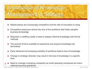 Importance of Knowledge
     Management in Strategy
        Market places are increasingly competitive and the rate of innovation is rising

        Competitive pressures reduce the size of the workforce that holds valuable
         business knowledge

        Reduction in staffing create a need to replace informal knowledge with formal
         methods

        The amount of time available to experience and acquire knowledge has
         diminished

        Early retirement & increasing mortality of workforce lead to loss of knowledge

        Change in strategic direction may result in the loss of knowledge in a specific
         area

9       Need to manage increasing complexity as small operating companies are trans-
         national sourcing operations
RIMS, Bangalore | PGDM 2nd Year, Strategic Management                                  April 24, 2012
 