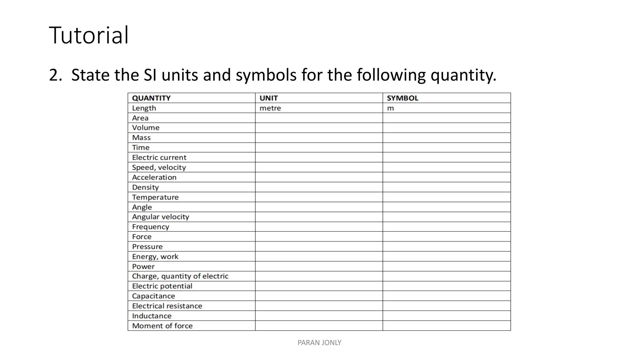 Tutorial
2. State the SI units and symbols for the following quantity.
PARAN JONLY
 