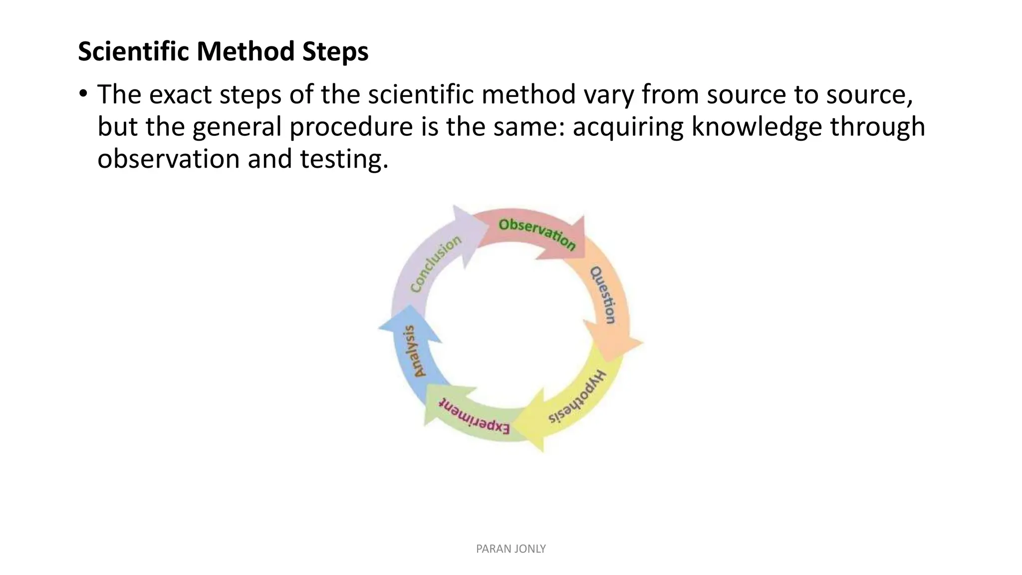 Scientific Method Steps
• The exact steps of the scientific method vary from source to source,
but the general procedure is the same: acquiring knowledge through
observation and testing.
PARAN JONLY
 
