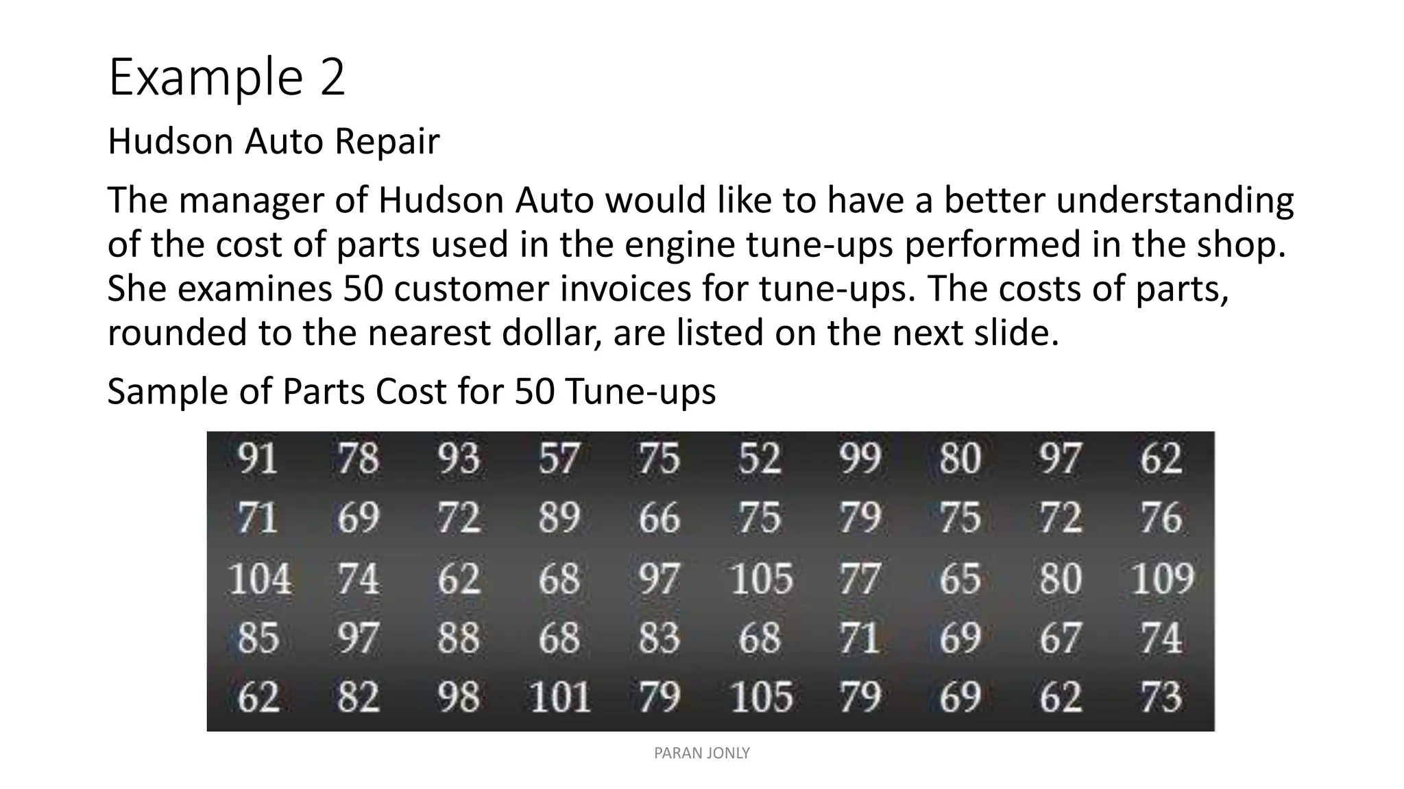 Example 2
Hudson Auto Repair
The manager of Hudson Auto would like to have a better understanding
of the cost of parts used in the engine tune-ups performed in the shop.
She examines 50 customer invoices for tune-ups. The costs of parts,
rounded to the nearest dollar, are listed on the next slide.
Sample of Parts Cost for 50 Tune-ups
PARAN JONLY
 