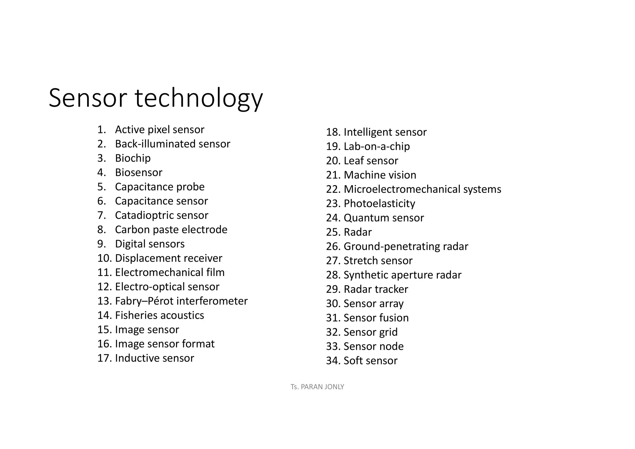 Sensor technology
1. Active pixel sensor
2. Back-illuminated sensor
3. Biochip
4. Biosensor
5. Capacitance probe
6. Capacitance sensor
7. Catadioptric sensor
8. Carbon paste electrode
9. Digital sensors
10. Displacement receiver
11. Electromechanical film
12. Electro-optical sensor
13. Fabry–Pérot interferometer
14. Fisheries acoustics
15. Image sensor
16. Image sensor format
17. Inductive sensor
18. Intelligent sensor
19. Lab-on-a-chip
20. Leaf sensor
21. Machine vision
22. Microelectromechanical systems
23. Photoelasticity
24. Quantum sensor
25. Radar
26. Ground-penetrating radar
27. Stretch sensor
28. Synthetic aperture radar
29. Radar tracker
30. Sensor array
31. Sensor fusion
32. Sensor grid
33. Sensor node
34. Soft sensor
Ts. PARAN JONLY
 