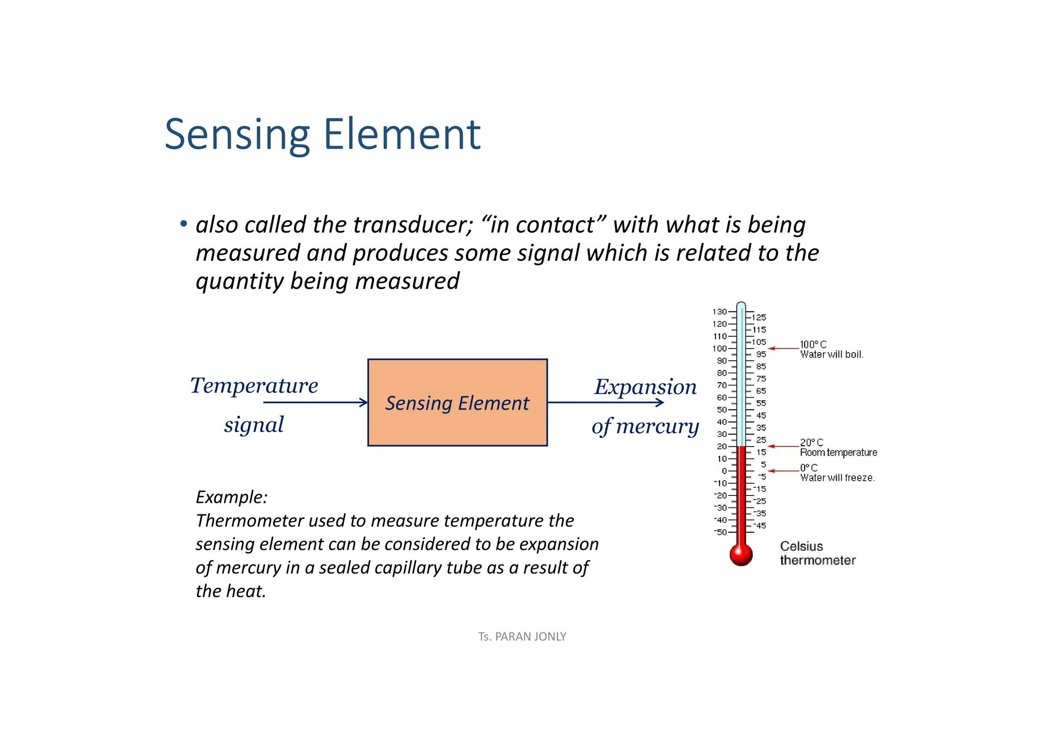 Sensing Element
• also called the transducer; “in contact” with what is being
measured and produces some signal which is related to the
quantity being measured
Example:
Thermometer used to measure temperature the
sensing element can be considered to be expansion
of mercury in a sealed capillary tube as a result of
the heat.
Sensing Element
Temperature
signal
Expansion
of mercury
Ts. PARAN JONLY
 