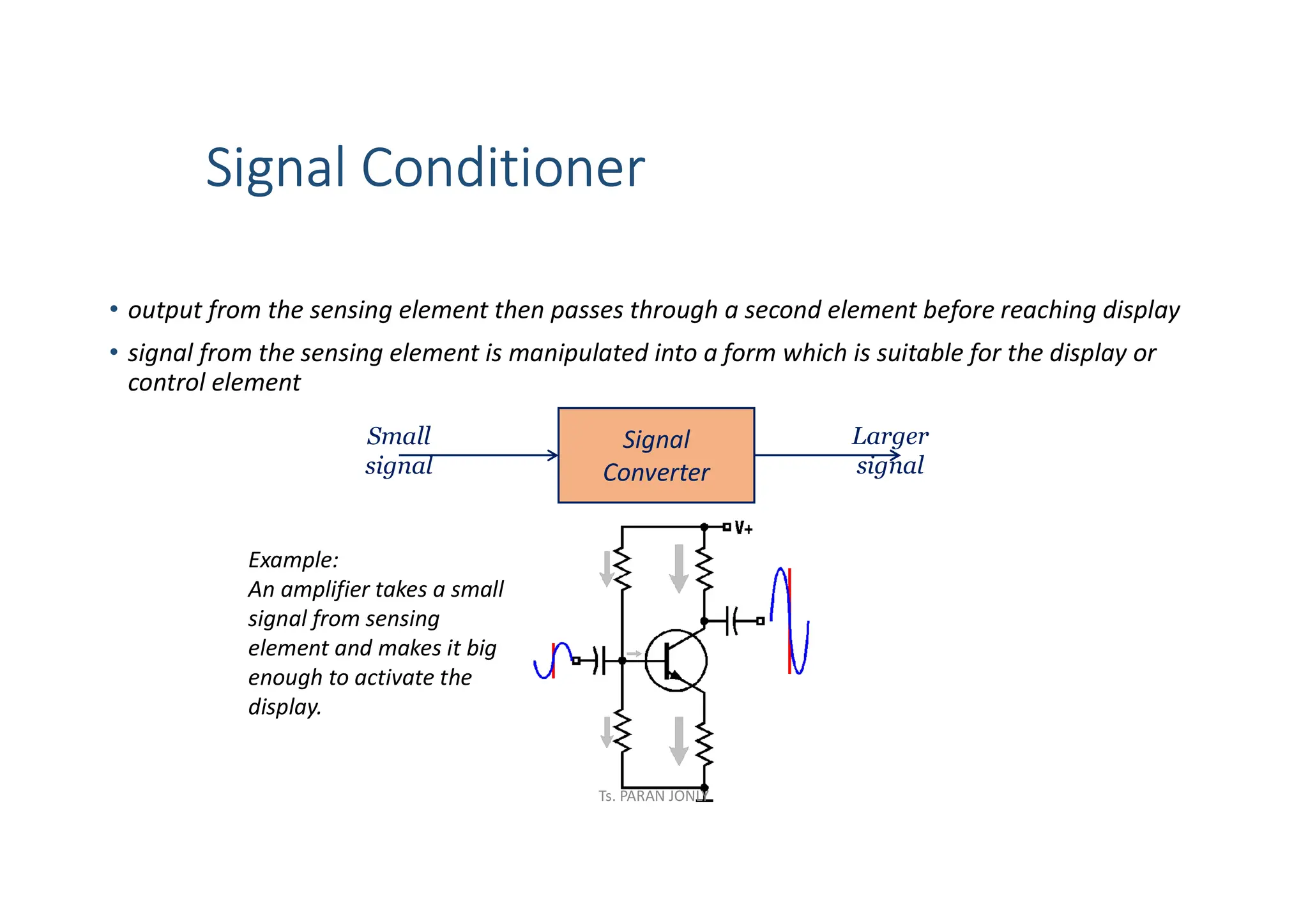 Signal Conditioner
• output from the sensing element then passes through a second element before reaching display
• signal from the sensing element is manipulated into a form which is suitable for the display or
control element
Signal
Converter
Small
signal
Larger
signal
Example:
An amplifier takes a small
signal from sensing
element and makes it big
enough to activate the
display.
Ts. PARAN JONLY
 