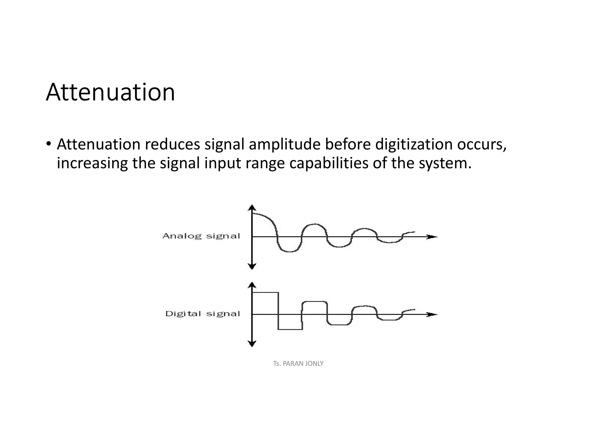 Attenuation
• Attenuation reduces signal amplitude before digitization occurs,
increasing the signal input range capabilities of the system.
Ts. PARAN JONLY
 