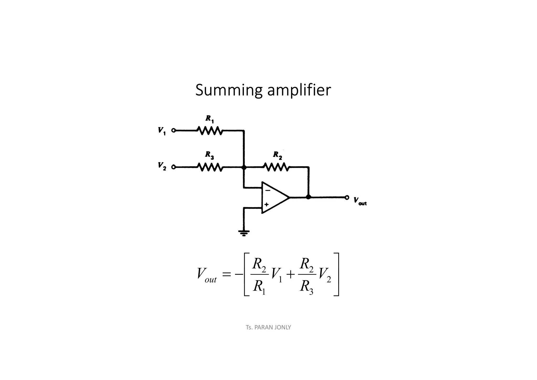 Ts. PARAN JONLY
Summing amplifier








 2
3
2
1
1
2
V
R
R
V
R
R
Vout
 