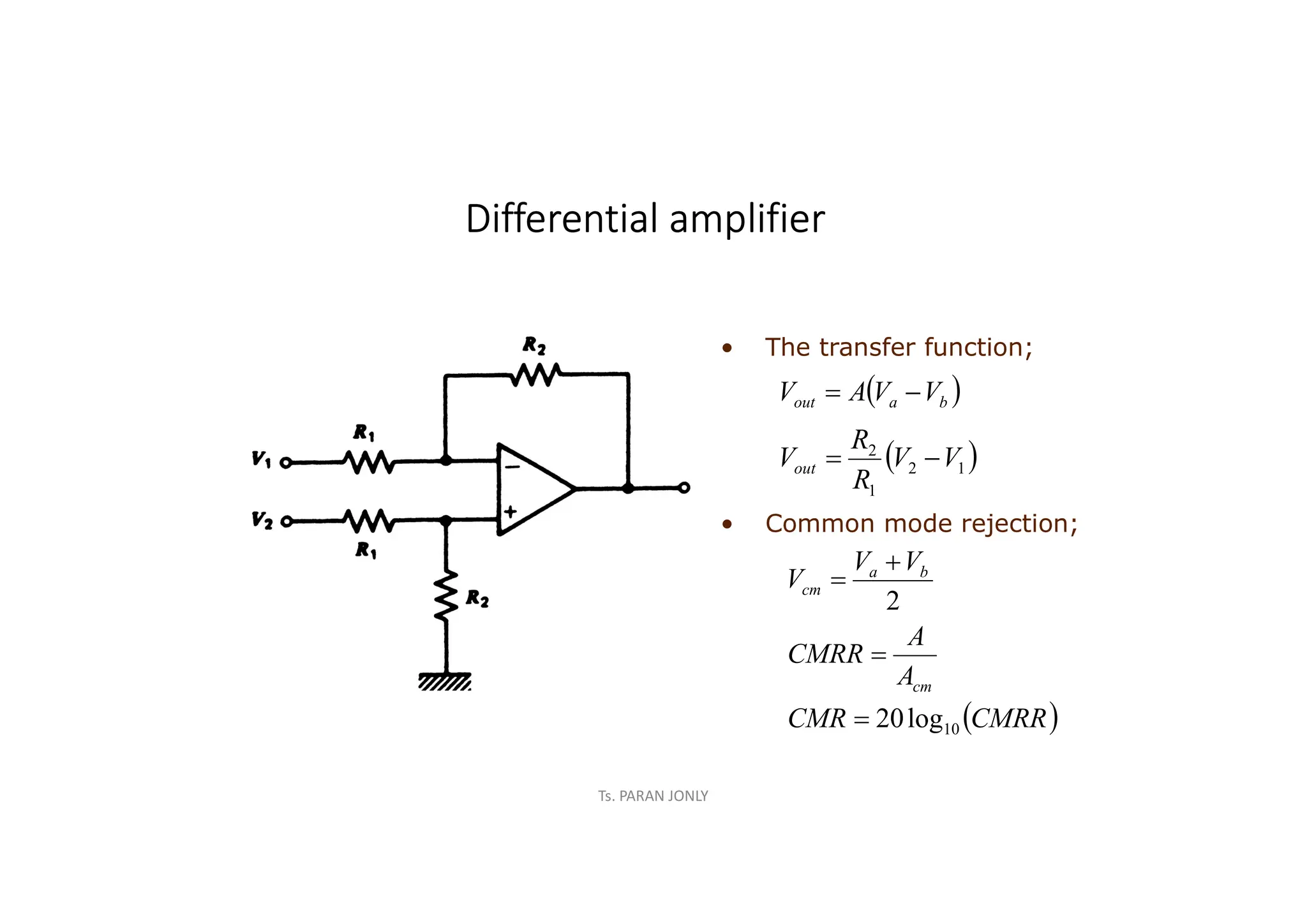 Ts. PARAN JONLY
Differential amplifier
 
CMRR
CMR
A
A
CMRR
V
V
V
cm
b
a
cm
10
log
20
2




 
b
a
out V
V
A
V 

• The transfer function;
• Common mode rejection;
 
1
2
1
2
V
V
R
R
Vout 

 