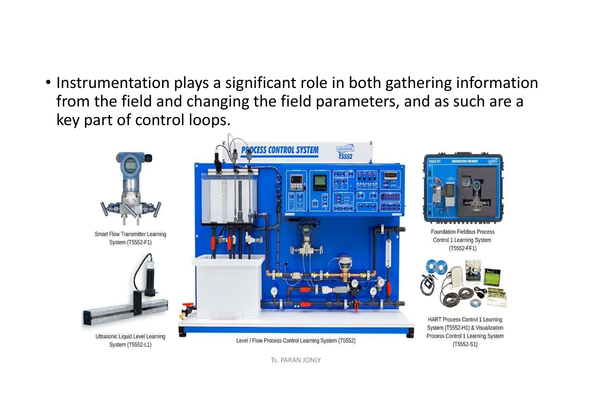 • Instrumentation plays a significant role in both gathering information
from the field and changing the field parameters, and as such are a
key part of control loops.
Ts. PARAN JONLY
 