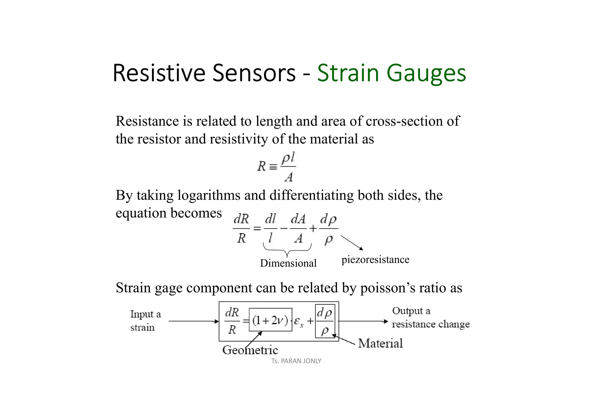 Resistive Sensors - Strain Gauges
Resistance is related to length and area of cross-section of
the resistor and resistivity of the material as
By taking logarithms and differentiating both sides, the
equation becomes
Dimensional piezoresistance
Strain gage component can be related by poisson’s ratio as
Ts. PARAN JONLY
 