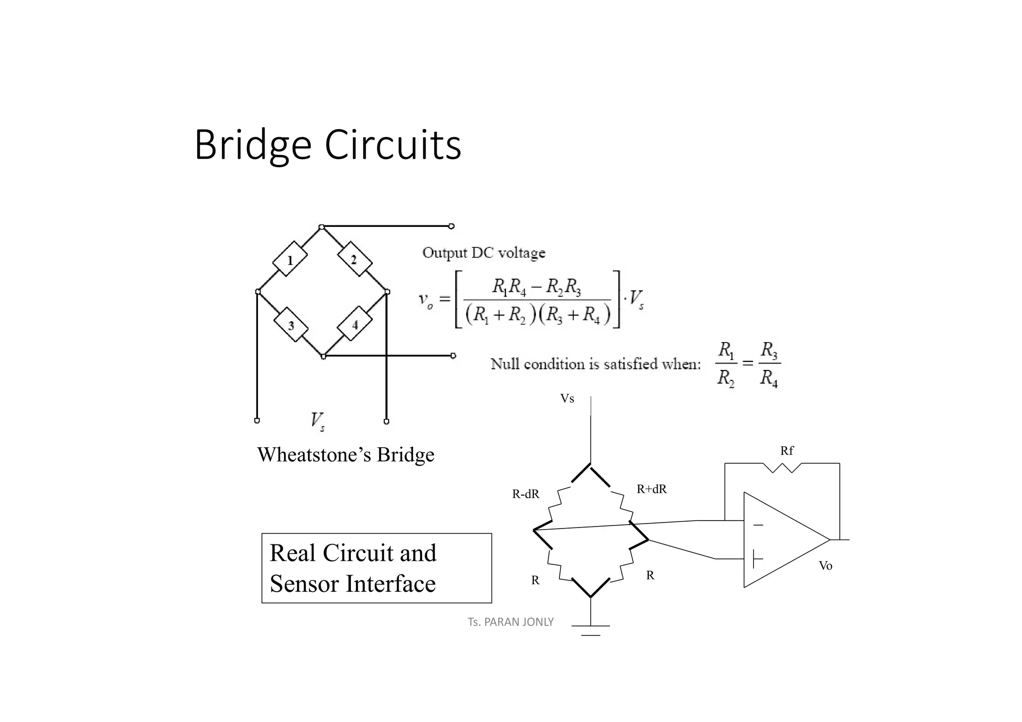 Bridge Circuits
Wheatstone’s Bridge
R-dR R+dR
R
Rf
Vs
R
Vo
Real Circuit and
Sensor Interface
Ts. PARAN JONLY
 
