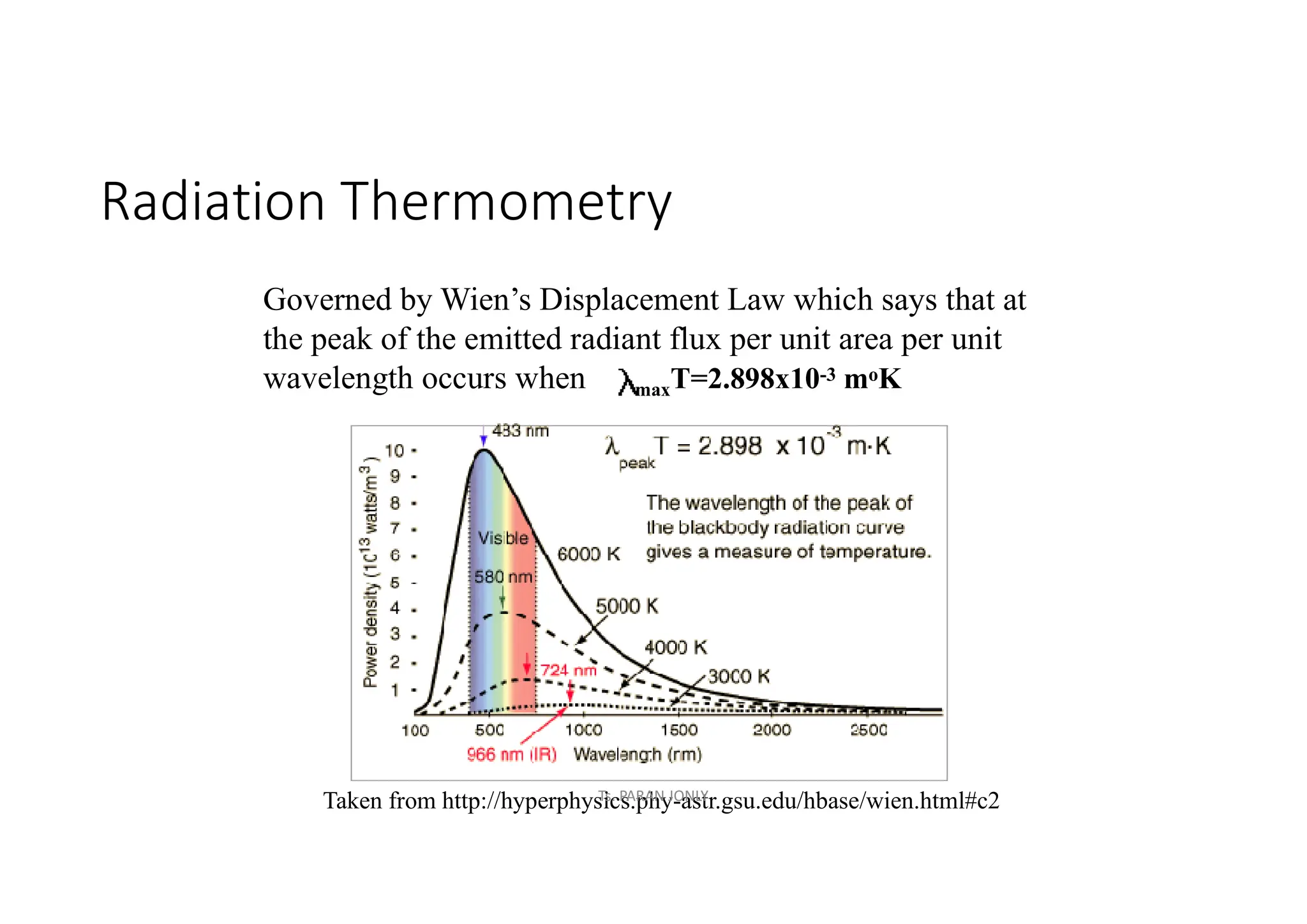 Radiation Thermometry
Governed by Wien’s Displacement Law which says that at
the peak of the emitted radiant flux per unit area per unit
wavelength occurs when maxT=2.898x10-3 moK
Taken from http://hyperphysics.phy-astr.gsu.edu/hbase/wien.html#c2
Ts. PARAN JONLY
 