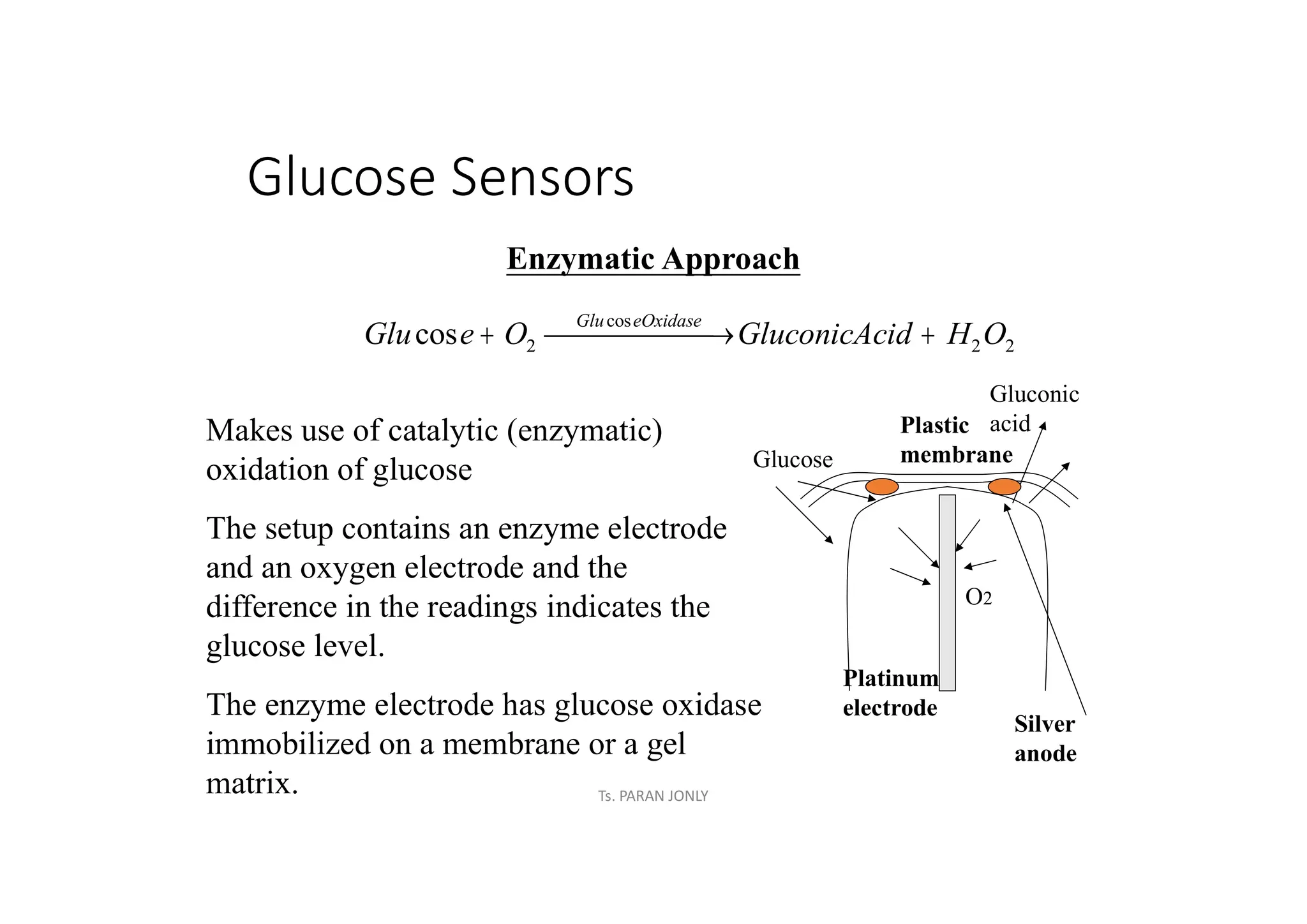Glucose Sensors
Enzymatic Approach
Glu e O GluconicAcid H O
Glu eOxidase
cos
cos
  
 
2 2 2
Makes use of catalytic (enzymatic)
oxidation of glucose
The setup contains an enzyme electrode
and an oxygen electrode and the
difference in the readings indicates the
glucose level.
The enzyme electrode has glucose oxidase
immobilized on a membrane or a gel
matrix.
Platinum
electrode
Plastic
membrane
Glucose
O2
Gluconic
acid
Silver
anode
Ts. PARAN JONLY
 