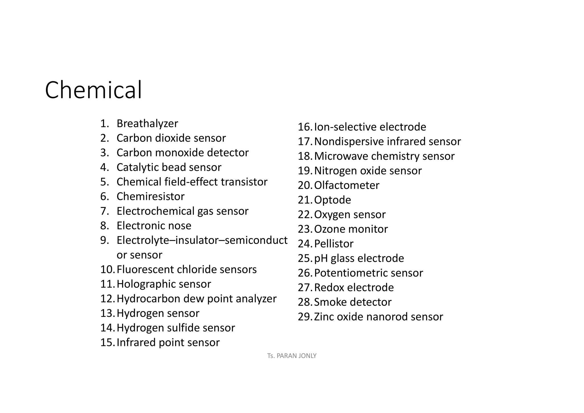Chemical
1. Breathalyzer
2. Carbon dioxide sensor
3. Carbon monoxide detector
4. Catalytic bead sensor
5. Chemical field-effect transistor
6. Chemiresistor
7. Electrochemical gas sensor
8. Electronic nose
9. Electrolyte–insulator–semiconduct
or sensor
10.Fluorescent chloride sensors
11.Holographic sensor
12.Hydrocarbon dew point analyzer
13.Hydrogen sensor
14.Hydrogen sulfide sensor
15.Infrared point sensor
16.Ion-selective electrode
17.Nondispersive infrared sensor
18.Microwave chemistry sensor
19.Nitrogen oxide sensor
20.Olfactometer
21.Optode
22.Oxygen sensor
23.Ozone monitor
24.Pellistor
25.pH glass electrode
26.Potentiometric sensor
27.Redox electrode
28.Smoke detector
29.Zinc oxide nanorod sensor
Ts. PARAN JONLY
 