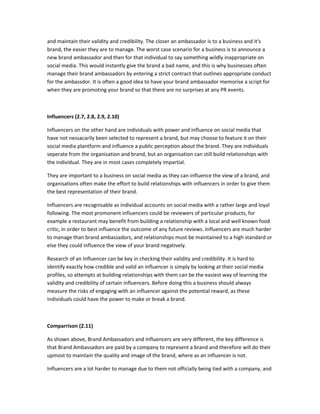 and maintain their validity and credibility. The closer an ambassador is to a business and it's
brand, the easier they are to manage. The worst case scenario for a business is to announce a
new brand ambassador and then for that individual to say something wildly inappropriate on
social media. This would instantly give the brand a bad name, and this is why businesses often
manage their brand ambassadors by entering a strict contract that outlines appropriate conduct
for the ambassdor. It is often a good idea to have your brand ambassador memorise a script for
when they are promoting your brand so that there are no surprises at any PR events.
Influencers (2.7, 2.8, 2.9, 2.10)
Influencers on the other hand are individuals with power and influence on social media that
have not nessacarily been selected to represent a brand, but may choose to feature it on their
social media plantform and influence a public perception about the brand. They are individuals
seperate from the organisation and brand, but an organisation can still build relationships with
the individual. They are in most cases completely impartial.
They are important to a business on social media as they can influence the view of a brand, and
organisations often make the effort to build relationships with influencers in order to give them
the best representation of their brand.
Influencers are recognisable as individual accounts on social media with a rather large and loyal
following. The most promonent influencers could be reviewers of particular products, for
example a restaurant may benefit from building a relationship with a local and well known food
critic, in order to best influence the outcome of any future reviews. Influencers are much harder
to manage than brand ambassadors, and relationships must be maintained to a high standard or
else they could influence the view of your brand negatively.
Research of an Influencer can be key in checking their validity and credibility. It is hard to
identify exactly how credible and valid an influencer is simply by looking at their social media
profiles, so attempts at building relationships with them can be the easiest way of learning the
validity and credibility of certain influencers. Before doing this a business should always
measure the risks of engaging with an influencer against the potential reward, as these
individuals could have the power to make or break a brand.
Comparrison (2.11)
As shown above, Brand Ambassadors and Influencers are very different, the key difference is
that Brand Ambassadors are paid by a company to represent a brand and therefore will do their
upmost to maintain the quality and image of the brand, where as an influencer is not.
Influencers are a lot harder to manage due to them not officially being tied with a company, and
 