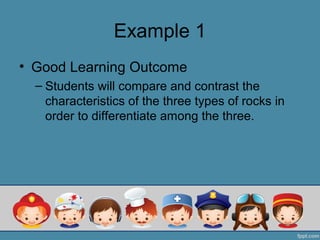 Example 1
• Good Learning Outcome
  – Students will compare and contrast the
    characteristics of the three types of rocks in
    order to differentiate among the three.
 