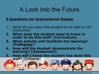 A Look Into the Future
5 Questions for Instructional Design

1.   What do you want the student to be able to do?
     (Outcome)
2.   What does the student need to know in
     order to do this well? (Curriculum)
3.   What activity will facilitate the learning?
     (Pedagogy)
4.   How will the student demonstrate the
     learning? (Assessment)
5.   How will I know the student has done this
     well? (Criteria)
 