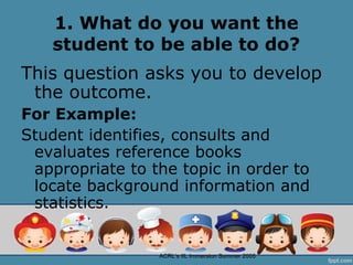 1. What do you want the
    student to be able to do?
This question asks you to develop
 the outcome.
For Example:
Student identifies, consults and
 evaluates reference books
 appropriate to the topic in order to
 locate background information and
 statistics.


                 ACRL’s IIL Immersion Summer 2005
 