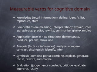 Measurable verbs for cognitive domain
Knowledge (recall information): define, identify, list,
reproduce, state
Comprehension (meaning, interpretation): explain, infer,
paraphrase, predict, rewrite, summarize, give examples
Application (use in new situation): demonstrate,
produce, predict, show, use
Analysis (facts vs. inferences): analyze, compare,
contrast, distinguish, identify, infer
Synthesis (combine parts): combine, explain, generate,
revise, rewrite, summarize
Evaluation (judgement): conclude, critique, evaluate,
interpret, justify
 