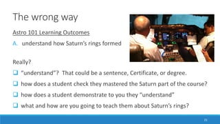 The wrong way
21
Astro 101 Learning Outcomes
A. understand how Saturn’s rings formed
Really?
 “understand”? That could be a sentence, Certificate, or degree.
 how does a student check they mastered the Saturn part of the course?
 how does a student demonstrate to you they “understand”
 what and how are you going to teach them about Saturn’s rings?
 
