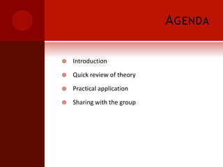 AgendaIntroductionQuick review of theoryPractical applicationSharing with the group