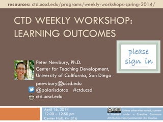 Peter Newbury, Ph.D.
Center for Teaching Development,
University of California, San Diego
pnewbury@ucsd.edu
@polarisdotca #ctducsd
ctd.ucsd.edu
resources: ctd.ucsd.edu/programs/weekly-workshops-spring-2014/
April 16, 2014
12:00 – 12:50 pm
Center Hall, Rm 316
Unless otherwise noted, content
is licensed under a Creative Commons
Attribution-Non Commercial 3.0 License.
CTD WEEKLY WORKSHOP:
LEARNING OUTCOMES
please
sign in
 