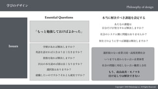 Copyright © 2018 Metadesign co. All Rights Reserved.
学びのデザイン
Issues
Philosophy of design
「もっと勉強しておけばよかった」
Essential Questions
学歴があれば解決しますか？
資格を取れば解決しますか？
沢山の本を読めば頭は良くなりますか？
選択肢はありますか？
就職したいのですか？それとも就社ですか？
本当に解決すべき課題を設定する
いつまでも変わらない古い企業体質
選択肢のない産業立国・高度消費社会
社会の問題に対応しない古い職業と会社
もう、改良改善・モノマネ
付け足しでは解決できない
英語を話せれば人生はうまく行きますか？
あたなの課題は
自分だけが努力すれば解決しますか？
社会のシステム側に問題はありませんか？
何をどのように学べば課題は解決しますか？
 