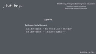 The Missing Principle : Learning Over Education
Promoting Quality in Learning
Building the Future of Education
株式会社メタデザイン
Agenda
産業と教育の関係性 ∼工業社会から知識社会へ∼
社会と教育の関係性 ∼豊かさを目指したそれぞれの選択∼
Prologue : Social Context
 