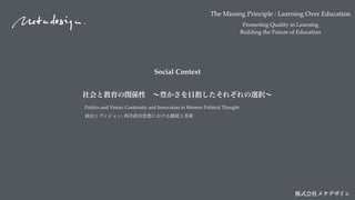 The Missing Principle : Learning Over Education
Promoting Quality in Learning
Building the Future of Education
株式会社メタデザイン
Politics and Vision: Continuity and Innovation in Western Political Thought
政治とヴィジョン: 西洋政治思想における継続と革新
Social Context
社会と教育の関係性 ∼豊かさを目指したそれぞれの選択∼
 