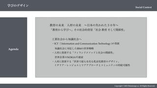 Agenda
Copyright © 2018 Metadesign co. All Rights Reserved.
Social Context
学びのデザイン
教育の未来 人材の未来 ∼日本の失われた３０年∼
「教育から学びへ」その社会的背景「社会 教育 そして関係性」
工業社会から知識社会へ
・ICT（ Information and Communication Technology )の発展
 知識社会に対応したIBMの世界戦略
・人材に投資する「フィランドメソッドと社会の関係性」
 世界企業のNOKIAの盛衰
・人材に投資する「世界で最も有名な乳幼児教育のデザイン」
 イタリア・レッジョエミリアアプローチとコミュニティの持続可能性
 