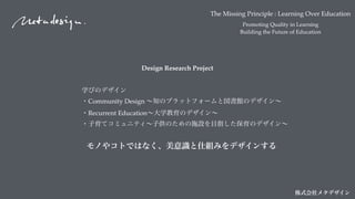 The Missing Principle : Learning Over Education
Promoting Quality in Learning
Building the Future of Education
株式会社メタデザイン
Design Research Project
学びのデザイン 
・Community Design ∼知のプラットフォームと図書館のデザイン∼
・Recurrent Education∼大学教育のデザイン∼
・子育てコミュニティ∼子供のための施設を目指した保育のデザイン∼
モノやコトではなく、美意識と仕組みをデザインする
 