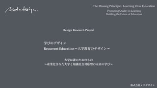 The Missing Principle : Learning Over Education
Promoting Quality in Learning
Building the Future of Education
株式会社メタデザイン
Design Research Project
学びのデザイン 
Recurrent Education∼大学教育のデザイン∼
大学は誰のためのもの
∼産業化された大学と知識社会対応型の未来の学び∼
 