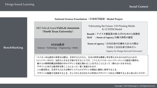 Copyright © 2018 Metadesign co. All Rights Reserved.
Social Context
Design based Learning
BenchMarking
STEM教育
（Science・Technology・Engineering・Math）
MIT FabLab based FabLab classroom
（North Texas University）
Fabricating the Future: 3-D Printing Molds
K-12 STEM Model
Beneﬁt：アメリカ製造業の底上げのための人材教育
Skill : Sense of Agency 行動主体性の感覚
Sense of agency：自分自身の行動を人からの指示
         ではなく自分自身で決めてい
（Agency by Design Harvard University）
National Science Foundation（全米科学財団）Model Project
「メイカー中心教育の重要な目標は、若者や大人たちに、自分の世界を構築し形を整えるための力が与えられた
（エンパワーされた）気持ちにさせる手助けをすることです。こうしたメイカーエンパワーメントの感覚の獲得は、
 個々人の物理的概念的環境の中のデザインを捉え関わることを学ぶことによって（別の言い方をすれば、
 デザインに対する感受性を磨くことによって）強く促進されます。
 この感受性は、若者や大人たちが物やシステムのデザインを間近に観察し熟考するとき、
デザインの複雑さを探求するとき、そして自らを自分たちの世界のデザイナーであると理解するときに身に付くのです 」
 