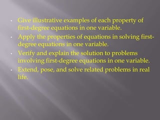 Students will know:Mathematical expressions, first-degree equations in one variable.