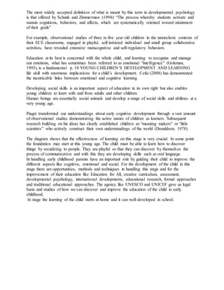 The most widely accepted definition of what is meant by this term in developmental psychology
is that offered by Schunk and Zimmerman (1994): “The process whereby students activate and
sustain cognitions, behaviors, and affects, which are systematically oriented toward attainment
of their goals”
For example, observational studies of three to five year old children in the naturalistic contexts of
their ECE classrooms, engaged in playful, self-initiated individual and small group collaborative
activities, have revealed extensive metacognitive and self-regulatory behaviors.
Education at its best is concerned with the whole child, and learning to recognize and manage
our emotions, what has sometimes been referred to as emotional "intelligence" (Goleman,
1995), is a fundamental p. 10 YOUNG CHILDREN’S DEVELOPMENT AND LEARNING
life skill with enormous implications for a child’s development. Cefai (2008) has demonstrated
the inextricable links between emotional and cognitive learning.
Developing social skills is an important aspect of education in its own right but also enables
young children to learn with and from adults and other children.
Human beings are essentially social animals and develop a range of social skills and abilities at a
very young age.
Piaget transformed our understandings about early cognitive development through a vast amount
of observational studies demonstrating the active nature of children as learners. Subsequent
research building on his ideas has clearly established children as “meaning makers” or “little
scientists” who actively construct their own understandings of the world (Donaldson, 1978).
The diagram shows that the effectiveness of learning on this stage is very crucial. In some point
the foundation may start at this young age. The child must be able to learn how to discover
things by socializing to people. They are playful so that they can discover by themselves the
process of communication and with this they are developing skills such as oral language.
In handling early childhood parents have an important role by guiding their child to improve the
different aspects like cognitive, emotional and social. For the development of the child in this
stage there are opportunities, methods and techniques in handling this stage and for the
improvement of their education like Education for All, creative curriculum, assessment,
developmental psychology, international developments, educational research, formal approaches
and traditional educational approaches. The agency like UNESCO and UNICEF gave us legal
basis and studies of how we can discover and improve the education of the child in early
childhood.
In stage the learning of the child starts at home and it can well-developed in school.
 