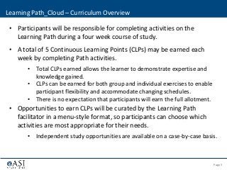 Page 3© 2013 ASI Government, Inc. | Confidential - Not for disclosure
• Participants will be responsible for completing activities on the
Learning Path during a four week course of study.
• A total of 5 Continuous Learning Points (CLPs) may be earned each
week by completing Path activities.
• Total CLPs earned allows the learner to demonstrate expertise and
knowledge gained.
• CLPs can be earned for both group and individual exercises to enable
participant flexibility and accommodate changing schedules.
• There is no expectation that participants will earn the full allotment.
• Opportunities to earn CLPs will be curated by the Learning Path
facilitator in a menu-style format, so participants can choose which
activities are most appropriate for their needs.
• Independent study opportunities are available on a case-by-case basis.
Learning Path_Cloud – Curriculum Overview
 