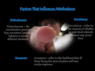 Factors That Influence Attributions
Distinctiveness
Distinctiveness – the
consideration given to
how consistent a person’s
behavior is across
different situations.
Consensus Consensus - refers to the likelihood that all
those facing the same situation will have
similar responses.
Consistency
Consistency – refers to
the measure of whether
an individual responds
the same way across
time.
 