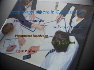 Specific Applications in Organizations
Employment Interview
Performance Expectation
Ethnic Profiling
Performance Evaluation
Employee Effort
 