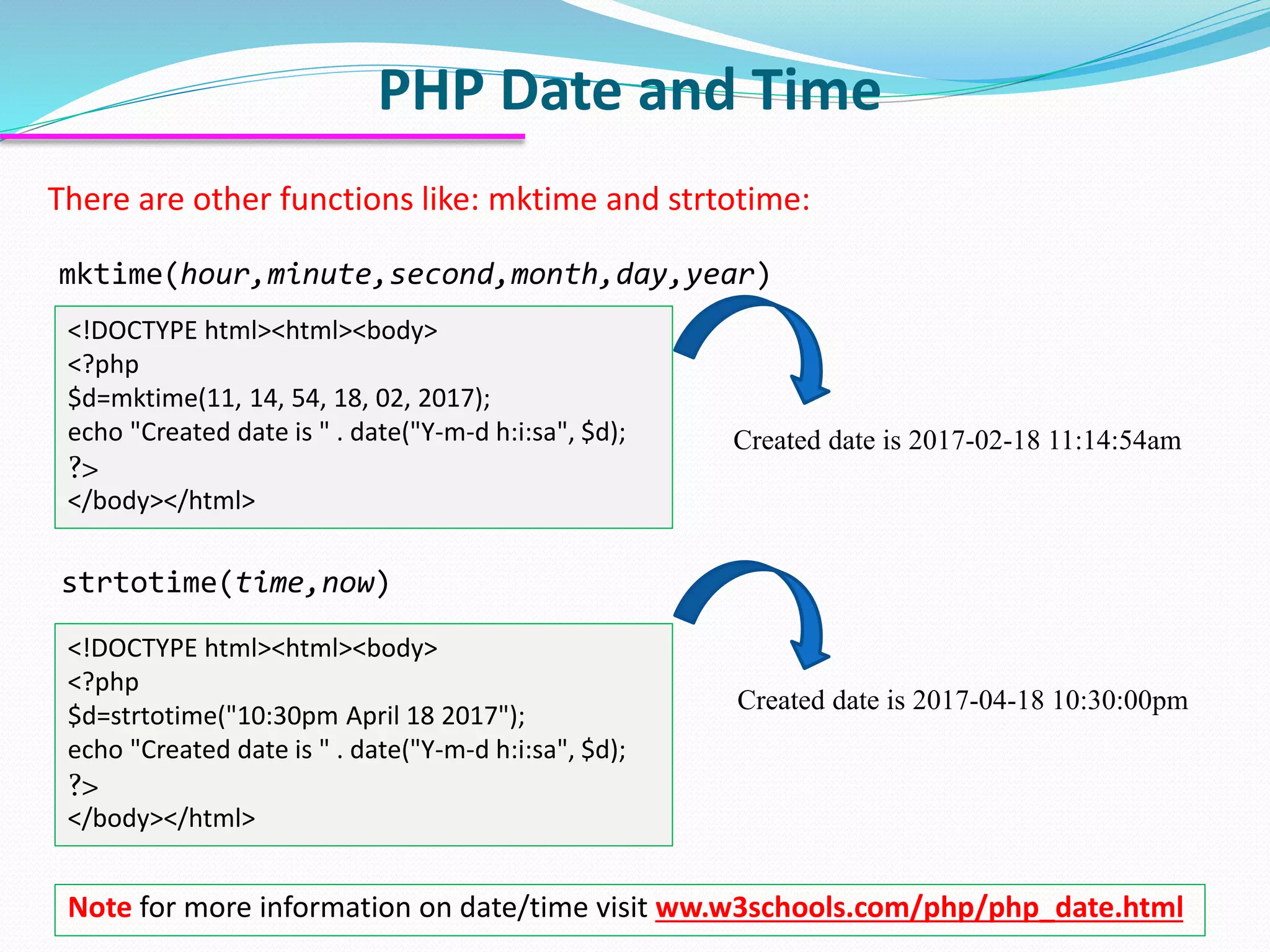 PHP Date and Time There are other functions like: mktime and strtotime: <!DOCTYPE html><html><body> <?php $d=mktime(11, 14, 54, 18, 02, 2017); echo "Created date is " . date("Y-m-d h:i:sa", $d); ?> </body></html> Note for more information on date/time visit ww.w3schools.com/php/php_date.html mktime(hour,minute,second,month,day,year) Created date is 2017-02-18 11:14:54am strtotime(time,now) <!DOCTYPE html><html><body> <?php $d=strtotime("10:30pm April 18 2017"); echo "Created date is " . date("Y-m-d h:i:sa", $d); ?> </body></html> Created date is 2017-04-18 10:30:00pm 