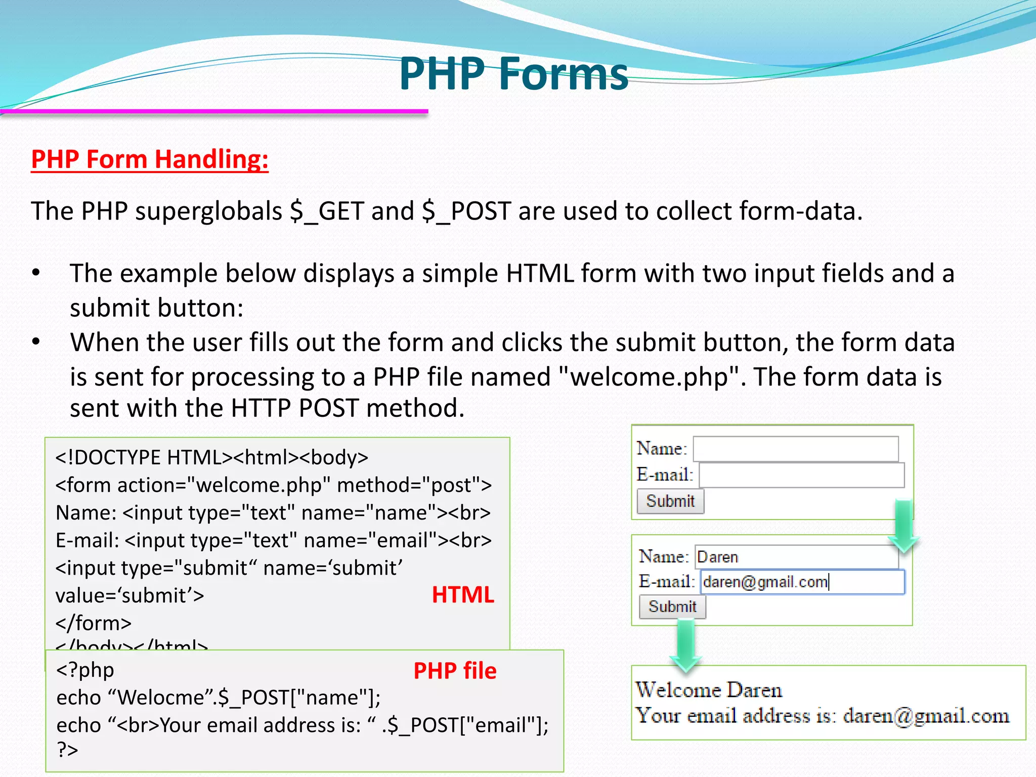 PHP Forms PHP Form Handling: The PHP superglobals $_GET and $_POST are used to collect form-data. • The example below displays a simple HTML form with two input fields and a submit button: • When the user fills out the form and clicks the submit button, the form data is sent for processing to a PHP file named "welcome.php". The form data is sent with the HTTP POST method. <!DOCTYPE HTML><html><body> <form action="welcome.php" method="post"> Name: <input type="text" name="name"><br> E-mail: <input type="text" name="email"><br> <input type="submit“ name=‘submit’ value=‘submit’> </form> </body></html> <?php echo “Welocme”.$_POST["name"]; echo “<br>Your email address is: “ .$_POST["email"]; ?> HTML PHP file 
