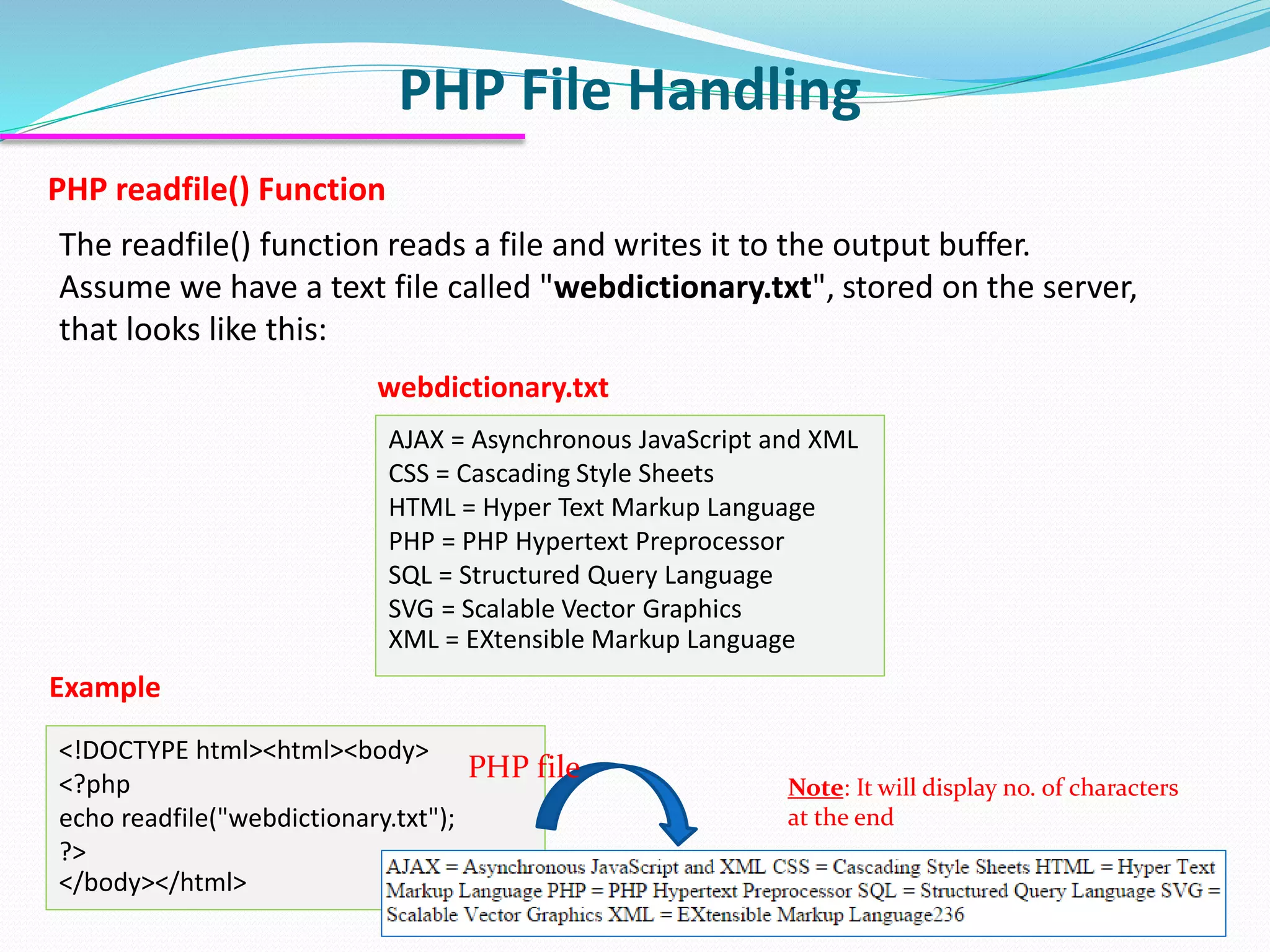 PHP File Handling
PHP readfile() Function
The readfile() function reads a file and writes it to the output buffer.
Assume we have a text file called "webdictionary.txt", stored on the server,
that looks like this:
AJAX = Asynchronous JavaScript and XML
CSS = Cascading Style Sheets
HTML = Hyper Text Markup Language
PHP = PHP Hypertext Preprocessor
SQL = Structured Query Language
SVG = Scalable Vector Graphics
XML = EXtensible Markup Language
Example
<!DOCTYPE html><html><body>
<?php
echo readfile("webdictionary.txt");
?>
</body></html>
PHP file
webdictionary.txt
Note: It will display no. of characters
at the end
 