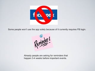 Some people won’t use the app solely because of it currently requires FB login.




                Already people are asking for reminders that
                happen 3-4 weeks before important events.
 