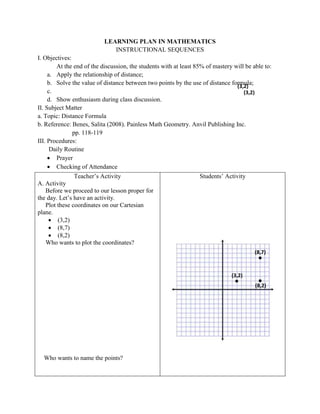 LEARNING PLAN IN MATHEMATICS 
INSTRUCTIONAL SEQUENCES 
I. Objectives: 
At the end of the discussion, the students with at least 85% of mastery will be able to: 
a. Apply the relationship of distance; 
b. Solve the value of distance between two points by the use of distance formula; 
c. 
d. Show enthusiasm during class discussion. 
II. Subject Matter 
a. Topic: Distance Formula 
b. Reference: Benes, Salita (2008). Painless Math Geometry. Anvil Publishing Inc. 
pp. 118-119 
III. Procedures: 
Daily Routine 
 Prayer 
 Checking of Attendance 
Teacher’s Activity 
A. Activity 
Before we proceed to our lesson proper for 
the day. Let’s have an activity. 
Plot these coordinates on our Cartesian 
plane. 
 (3,2) 
 (8,7) 
 (8,2) 
Who wants to plot the coordinates? 
Who wants to name the points? 
Students’ Activity 
(3,2) 
(8,7) 
(8,2) 
(3,2) 
(3,2) 
 